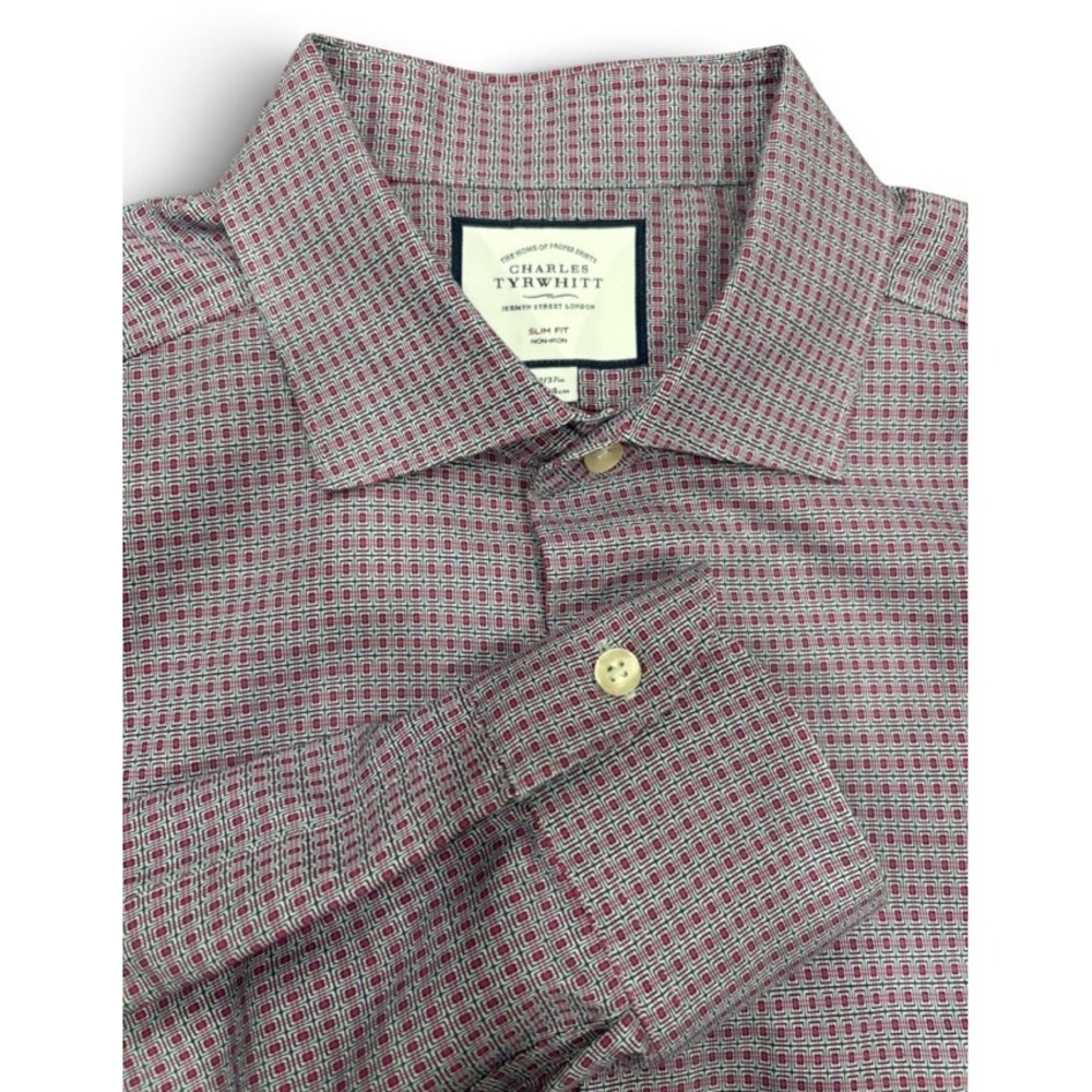 Charles Tyrwhitt Men's Dress Shirt 17/37in Slim Fit Non-Iron Blue Pink White